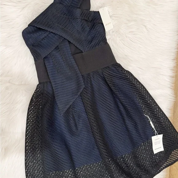 BNWT Self Portrait One Shoulder Mesh Navy Dress Womens size 2/4 STUNNiNG - Picture 2 of 8